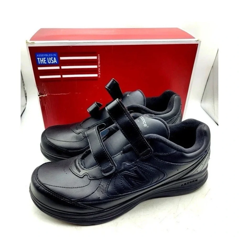 NEW BALANCE 577 HOOK & LOOP BLACK LEATHER MENS WALKING SHOES SZ 10.5 D